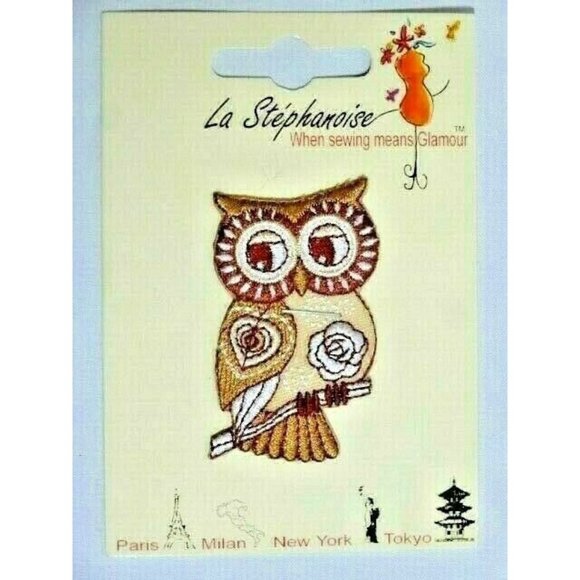 La Stephanoise Owl Applique Brown Tan White 2 x 1.5 inch Craft Sewing Fabric NEW - Picture 1 of 2